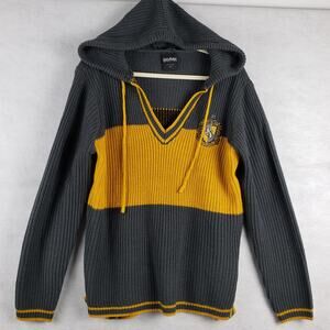 Harry Potter Size L Hufflepuff Knit Hooded Sweater Gray Gold Colorblock Hogwarts